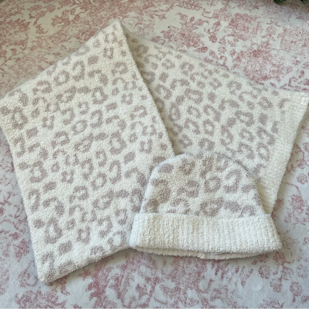 Barefoot Dreams Pink and White Leopard Print Scarf and Hat Set